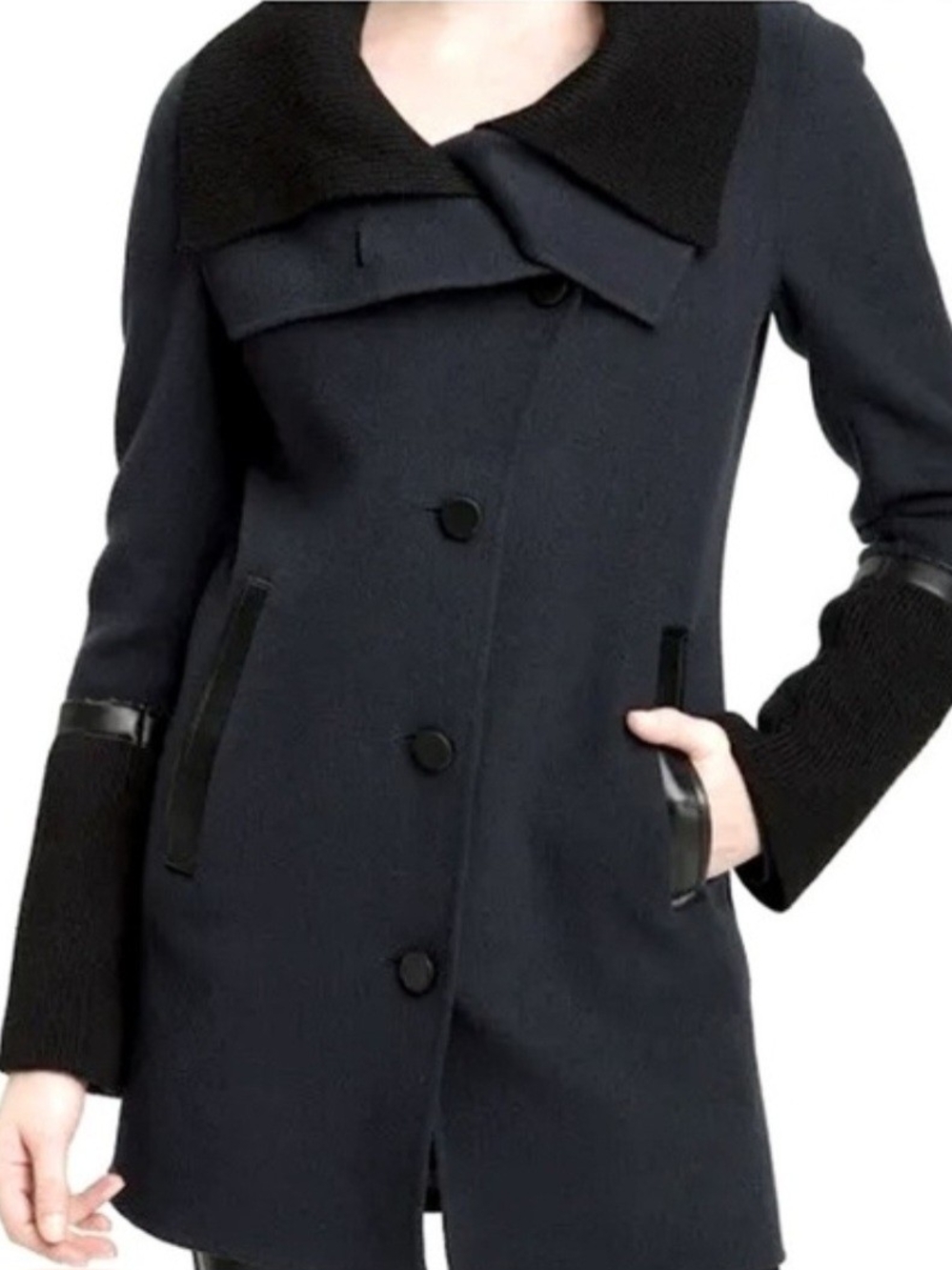 Mackage Isabel Navy Wool Coat Leather Trim Rib Knit Collar - Size M